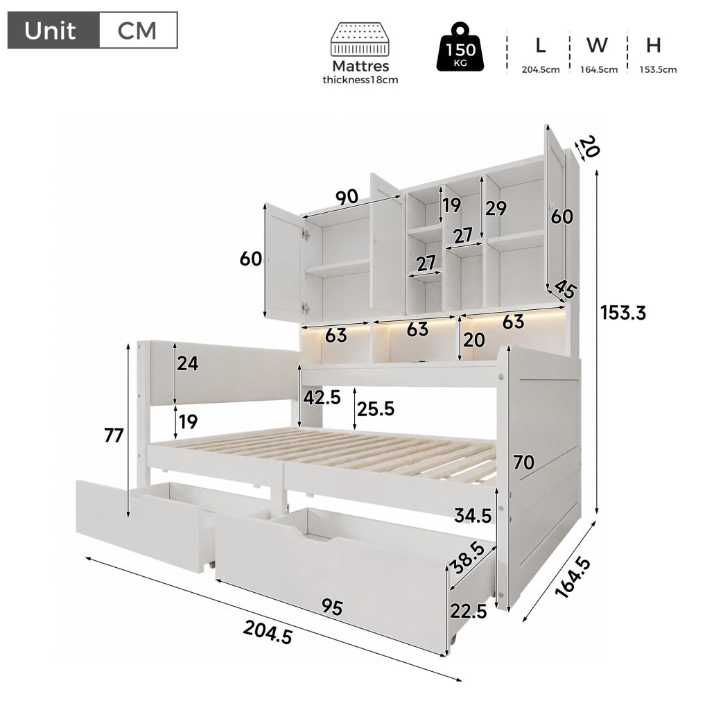 Letto contenitore 140x200 cm con LED; USB e USB-C; cassetti; ripiani e armadietti; bianco