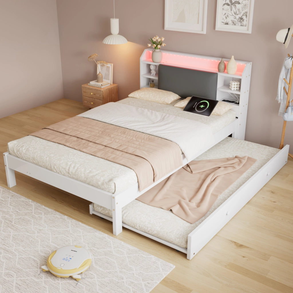 Letto Estraibile 120x200 cm e 90x190 cm - LED; Mensole e Stazione di Ricarica - Bianco
