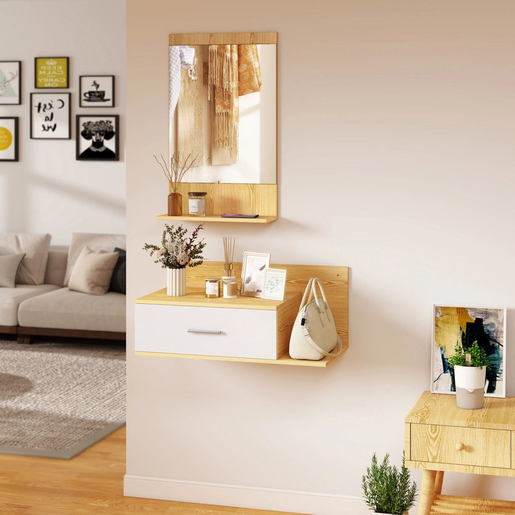 Specchio con cassetto e ripiani per ingresso ¨C zephmum ¨C legno naturale