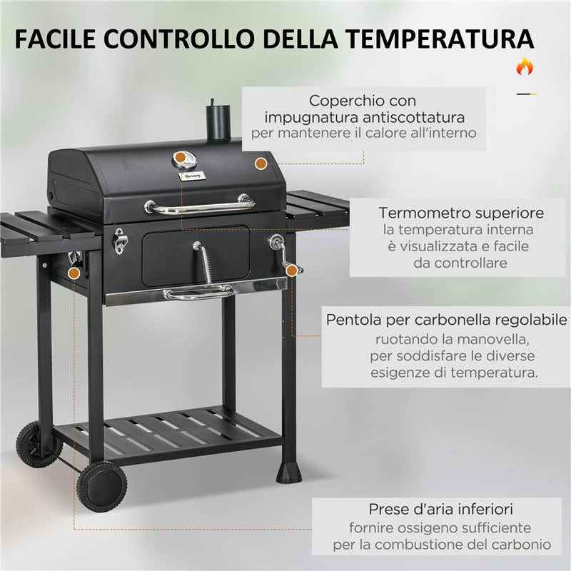 BARBECUE A CARBONE CON COPERCHIO CON TERMOMETRO, GRIGLIA REGOLABILE, RUOTE E TAVOLINI, NERO