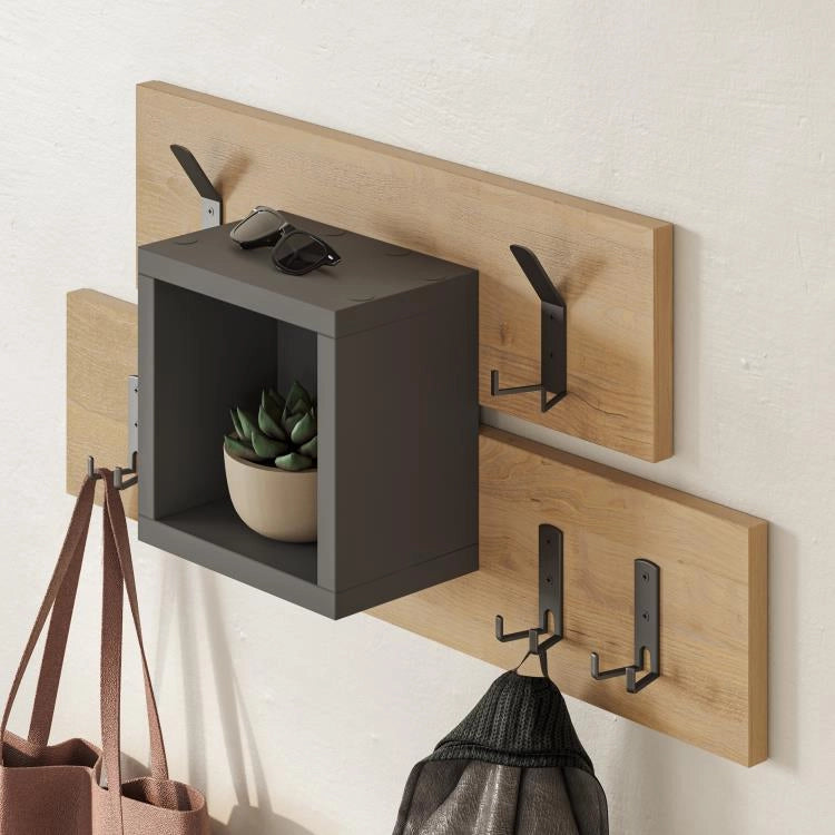 Appendiabiti da Parete con 6 Ganci Vano Contenitore Salvaspazio Legno/Antracite