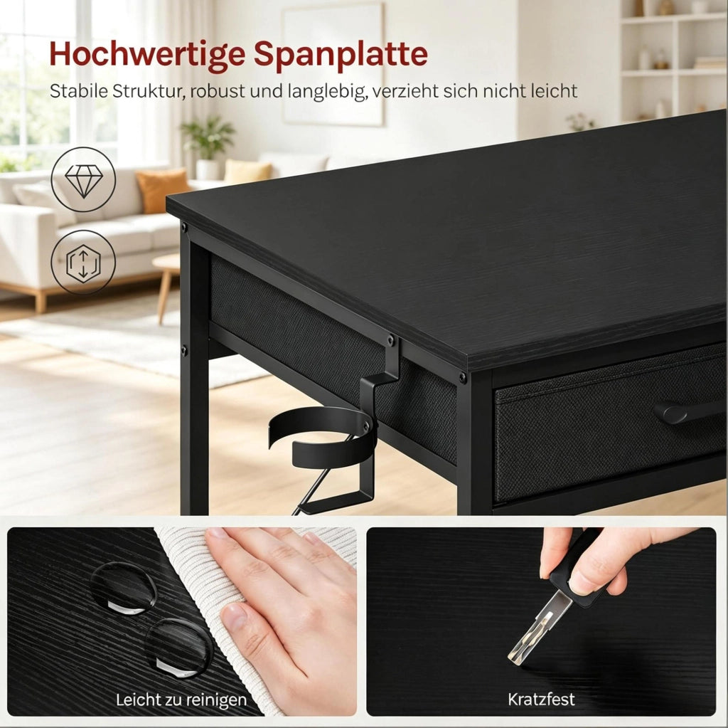 Scrivania informatica 120x51 cm nera in melaminico e metallo con ripiani e prese