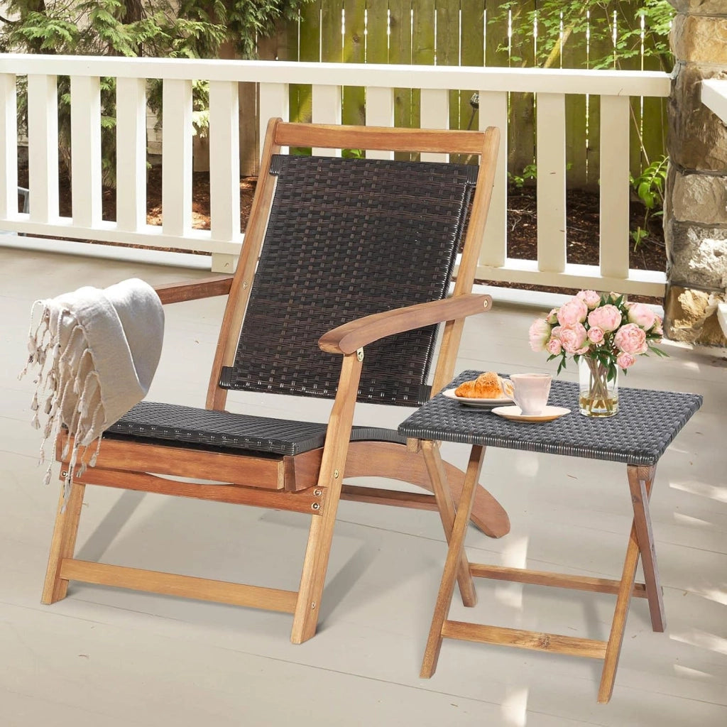 Set di 2 Mobili da Giardino Pieghevoli, Mobili da Giardino in Rattan, Sedia a Sdraio Retrattile con Tavolino Prendisole, Mobili Lounge per Giardino, Terrazza e Balcone