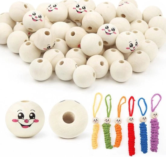 50 pezzi di perle di legno con faccia sorridente - 20 mm perle rotonde naturali per attività di fai da te e artigianato