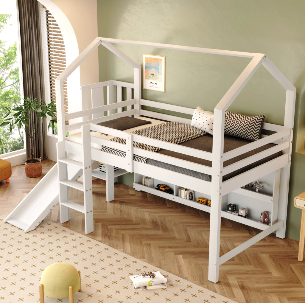 Letto singolo per bambini 90x200 cm con scivolo, scale, armadi e ripiani bianco