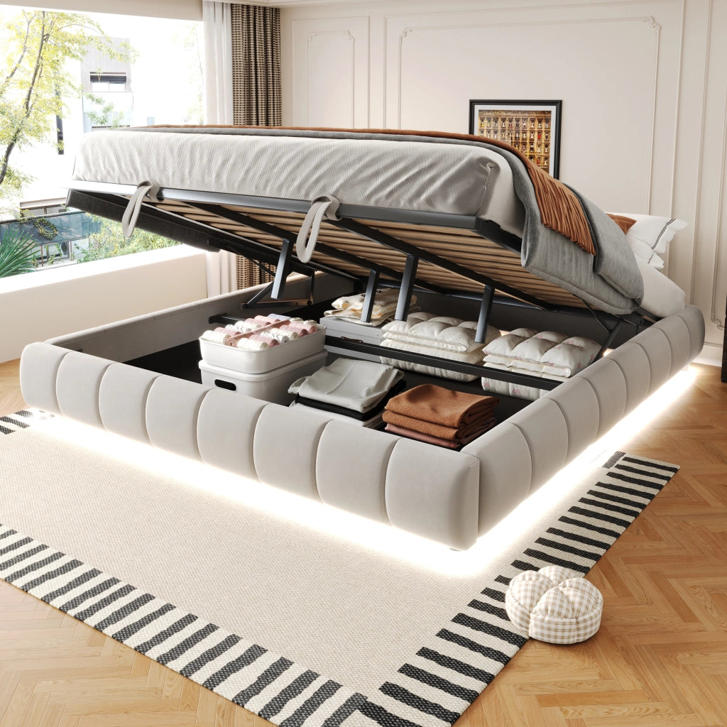 Letto imbottito 180x200 cm con sollevamento idraulico, LED bianco, senza testiera, Beige