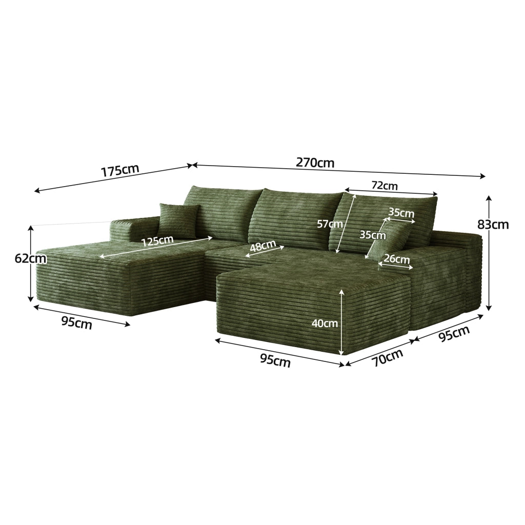 Divano angolare modulare con chaise longue a L in tessuto a coste, schiuma ad alta elasticità, verde per soggiorno
