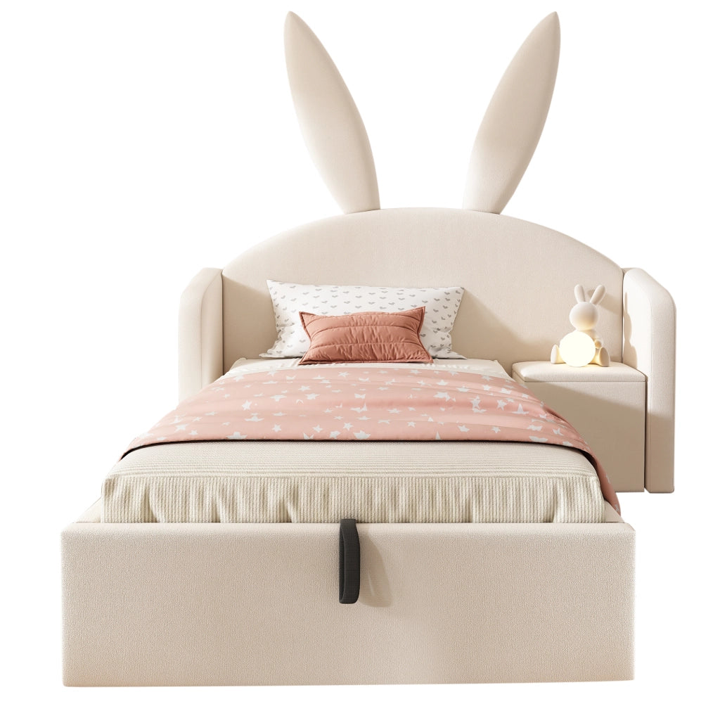 Letto imbottito 90x200 cm in velluto beige con comodino integrato e contenitore idraulico