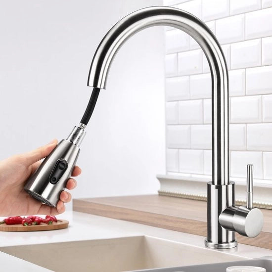 Wastafelarmatura estensibile, rubinetto cucina, 360 gradi girevole, girevole, due funzioni di spruzzo, regolabile acqua calda e fredda, acciaio inox liscio (a forma di C-argento)