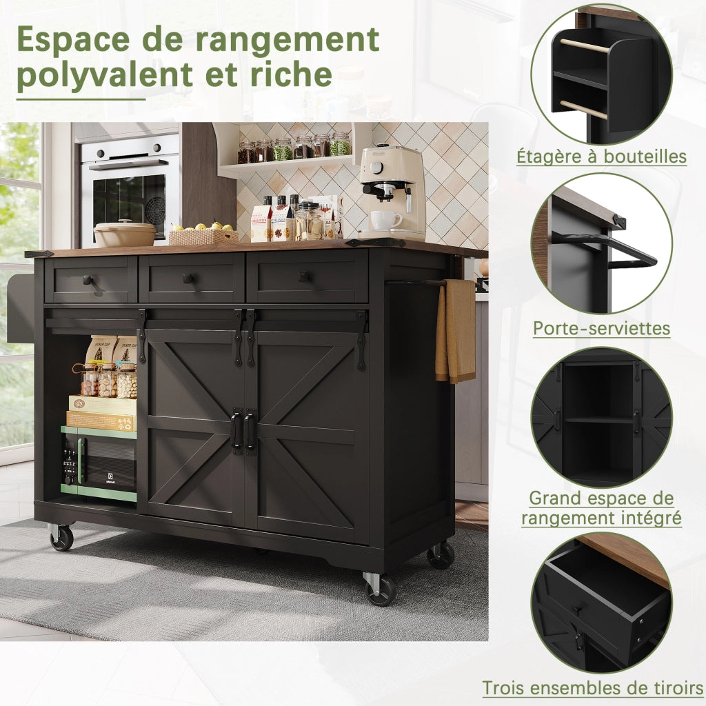 OKWISH Isola da cucina con 2 ante scorrevoli e 3 cassetti, piano ribaltabile, ruote, per cucina, nero