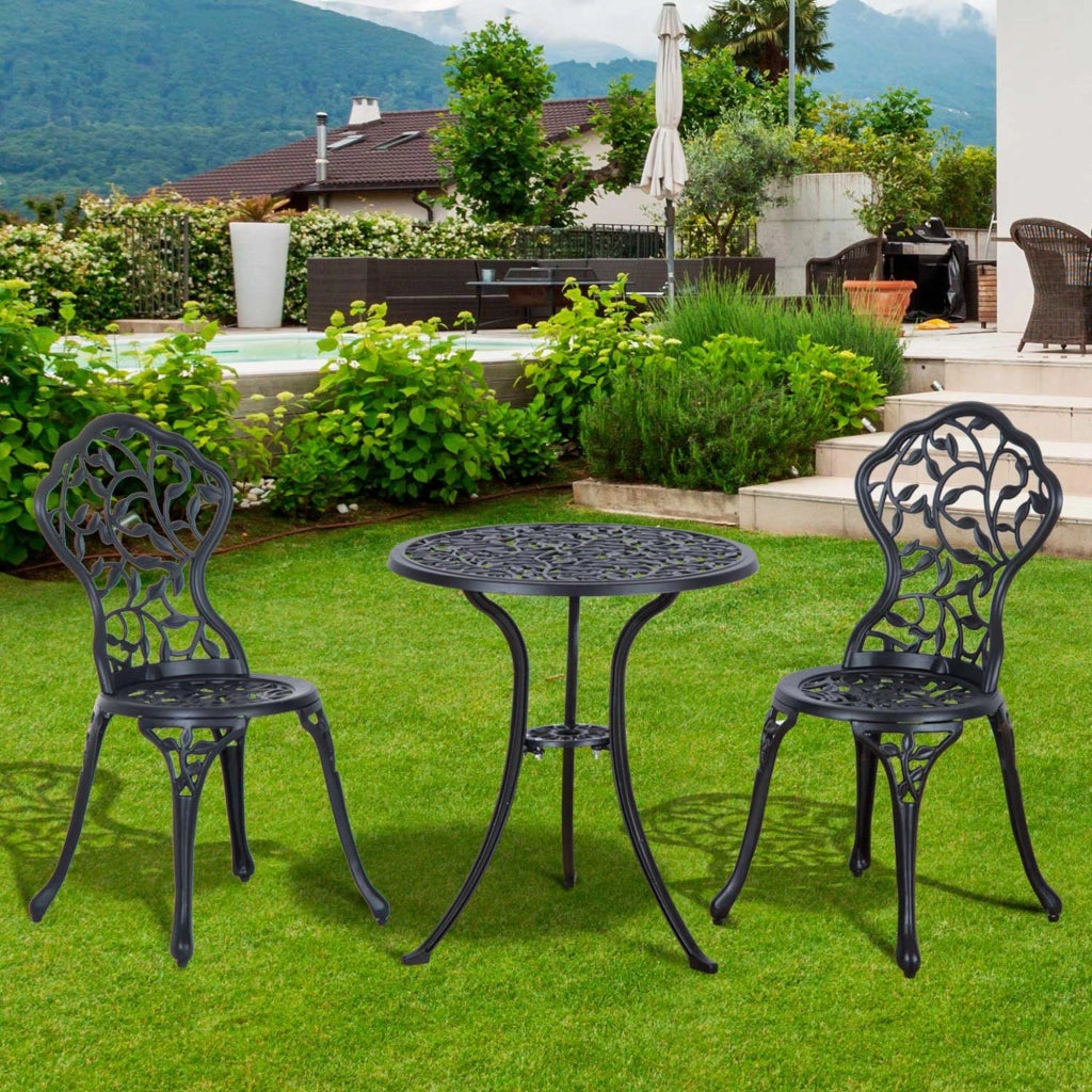 Set da Giardino 3 Pezzi con 2 Sedie da Esterno e Tavolo Rotondo in Alluminio, Nero