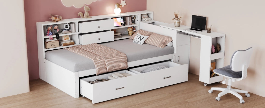 DESMIU Lit simple 90 × 200 cm con scrivania estraibile, 2 cassetti, USB e presa, senza materasso, legno, bianco