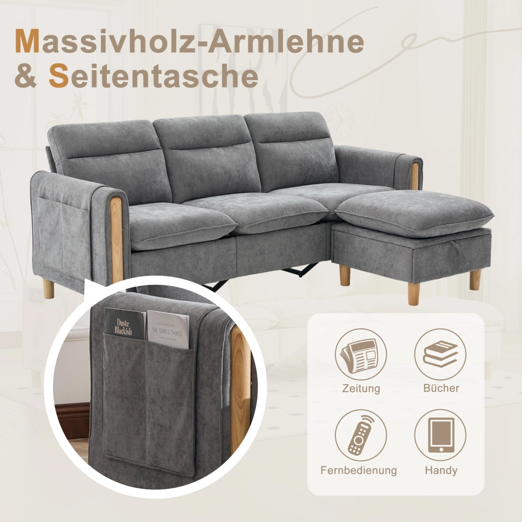 Divano ad angolo modulare con vano contenitore e tasche laterali in chenille grigio chiaro compatto 201 × 77 × 86 cm