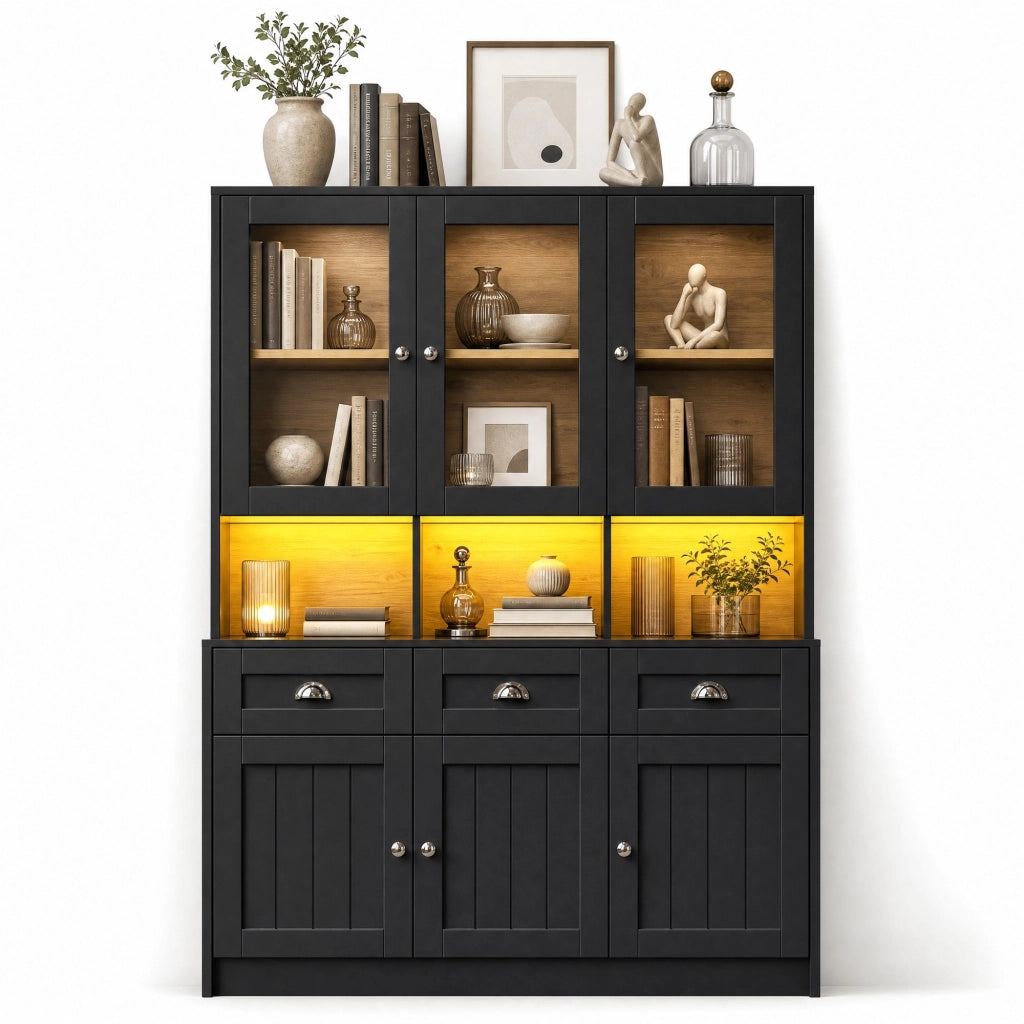 Dispensa alta con ripiani regolabili e LED controllabile tramite app in MDF nero con 3 cassetti 140 × 40 × 175 cm
