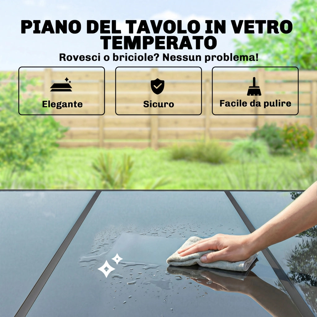 Set 7 Pezzi da Esterno con 6 Sedie Impilabili in Texteline e Tavolino da Caffè con Piano in Vetro in Acciaio Nero