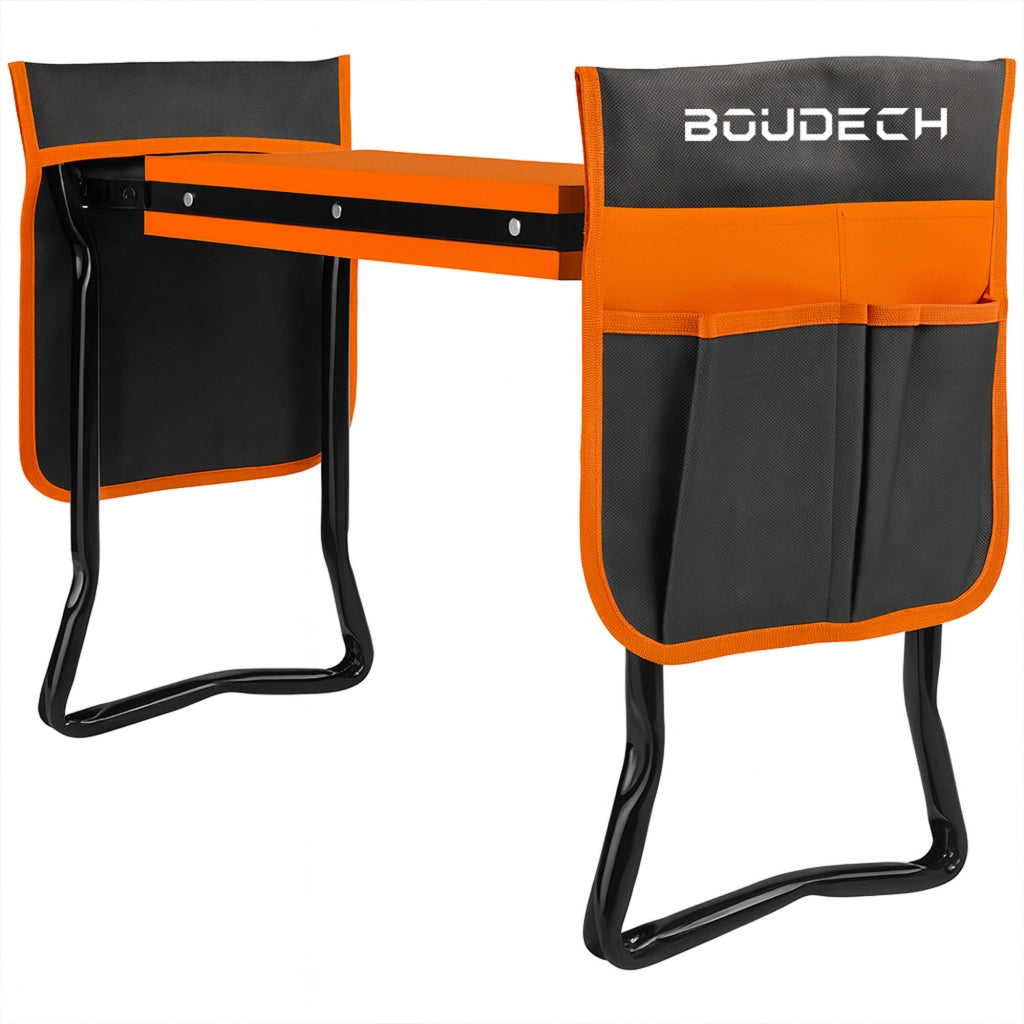 Ergogard - Sgabello Inginocchiatoio Multifunzione 2 in 1 per Giardinaggio con Borsa Portautensili Nero e Arancio