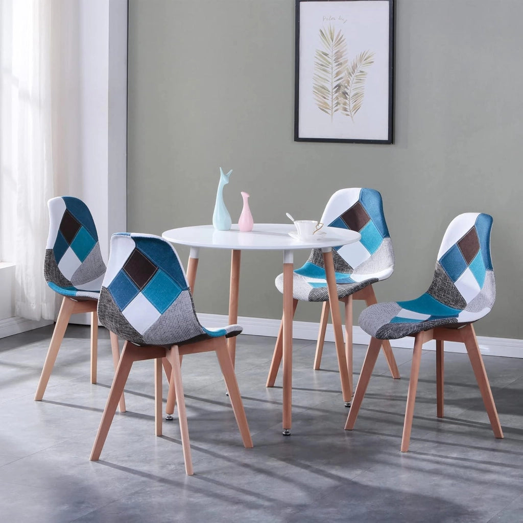 GrandCA HOME Tavolo da pranzo e 4 Sedie da Pranzo Set da Pranzo Moderno, Tavoli Rotonda Bianchi e Cuscino di Seduta in Tessuto Patchwork Sedie da Cucina, Blu