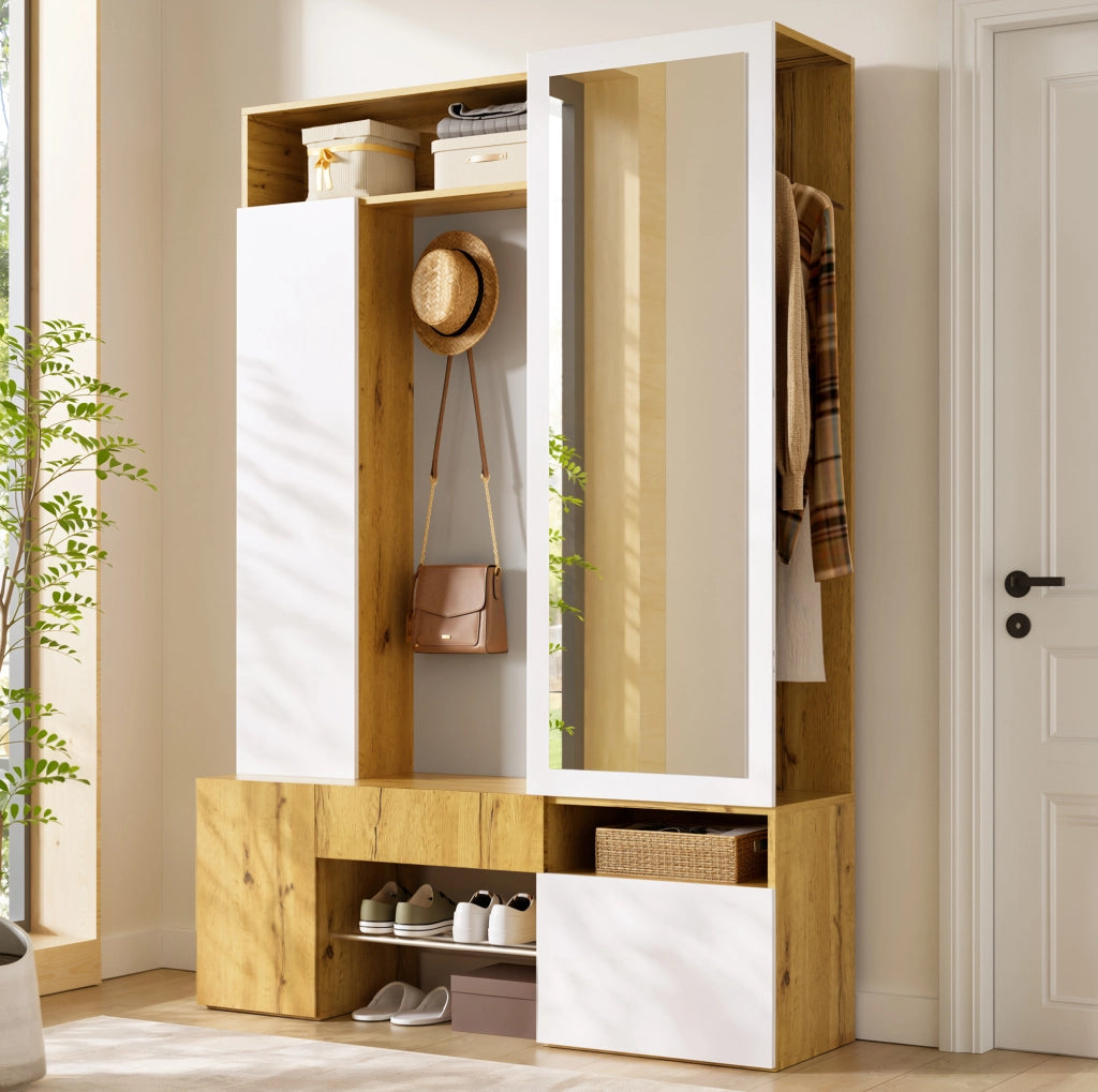 Mobile ingresso con specchio e scarpiera 127x35x180,5 cm in MDF bianco e naturale HAVRYA
