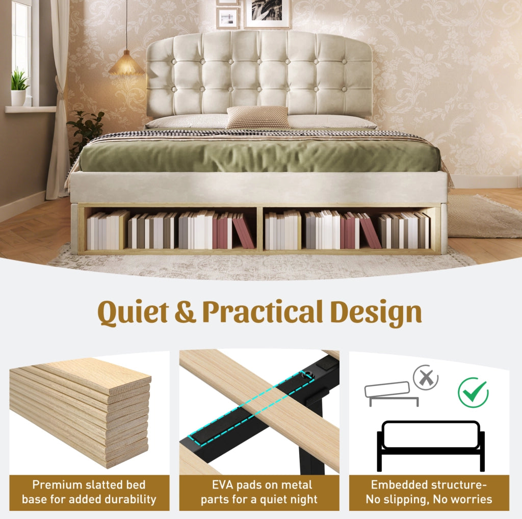 Letto matrimoniale imbottito 140x200 cm in velluto beige con testiera regolabile e cassetti