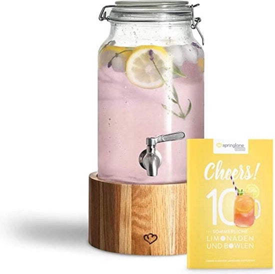 Dispensatore di bevande - Rubinetto in acciaio inossidabile - Dispensatore di bibite in quercia - Vetro - Rubinetto - 3L