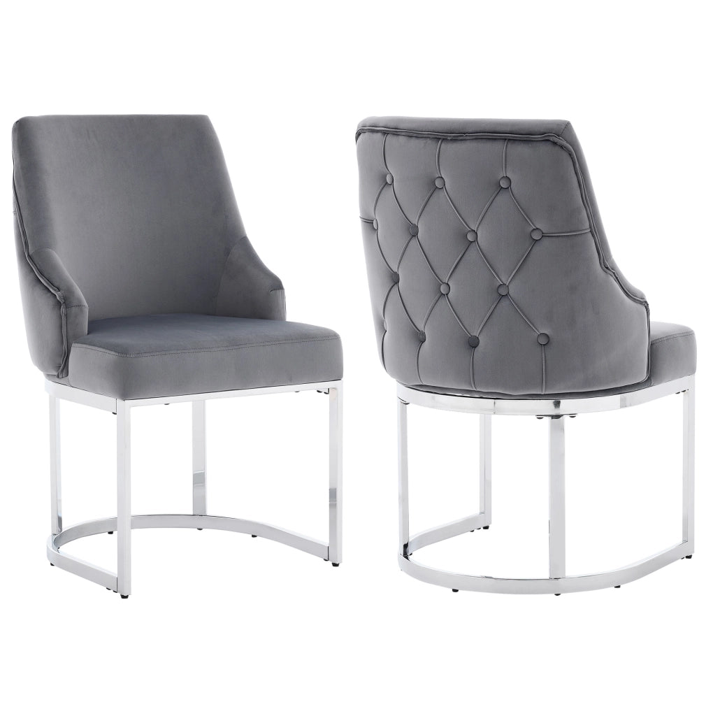 Set di 2 sedie da pranzo 81.99x54x53.49 cm con schienale trapuntato; velluto grigio e argento