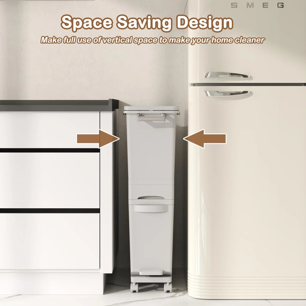 Pattumiera Tri Selectif da 32L per Cucina, 3-in-1 con 2 Contenitori Estraibili, Cassetti, Pedale e Ruote, Include Adesivi per Raccolta Rifiuti (Bianco)