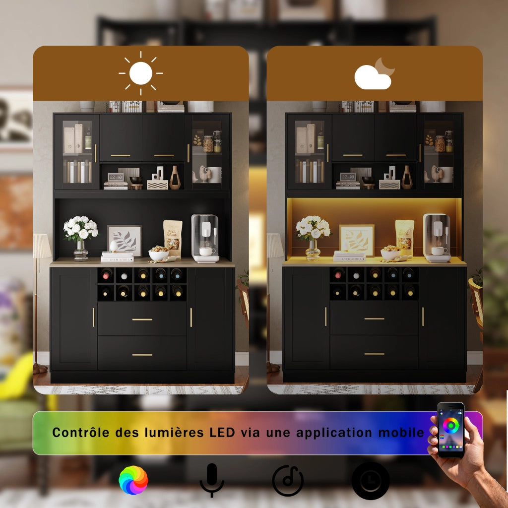 OKWISH Credenza Alta da Cucina con 6 Ante 2 Cassetti LED e Prese USB per Cucina MDF Nero 120 x 36.3 x 180 cm