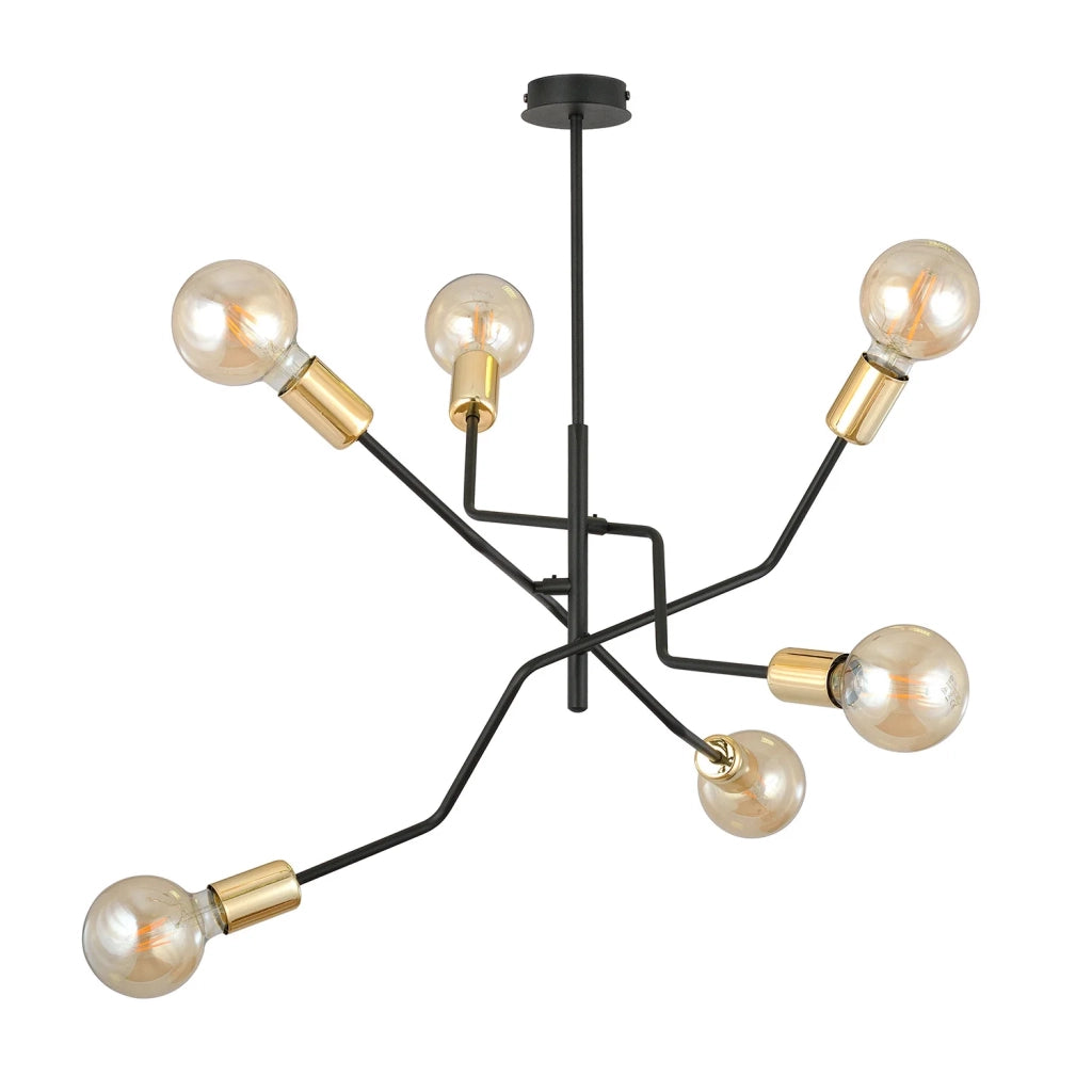 Sospensione Industrial 6 Luci Temi In Acciaio Nero E Oro Bracci Regolabili