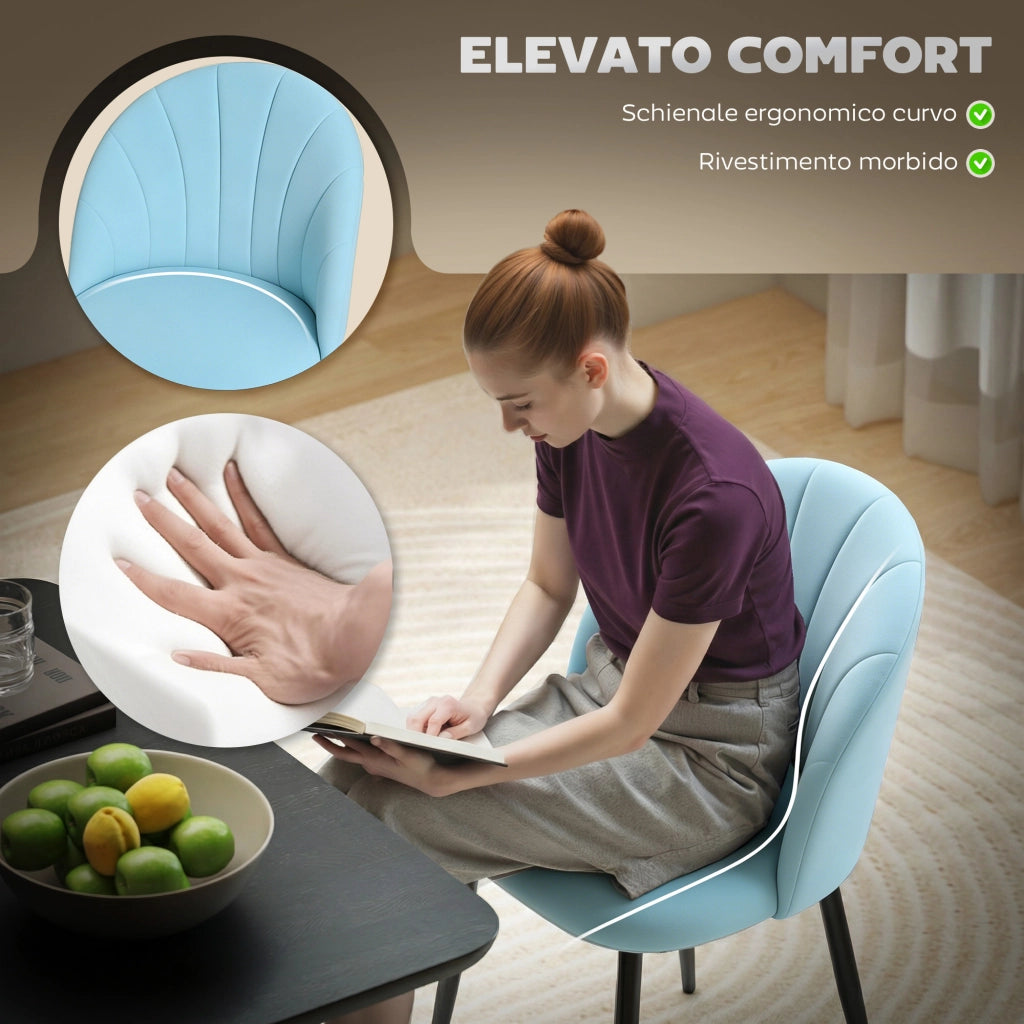 Set 2 Sedie da Pranzo Imbottite con Velluto e Schienale a Conchiglia ¨C zephmum ¨C Azzurro 52x55x79 cm