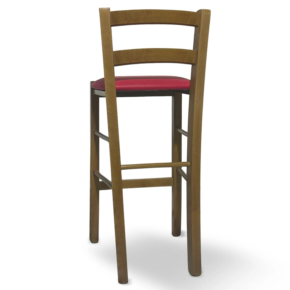 Sgabello in legno noce chiaro con schienale h 66 cm con seduta similpelle rosso
