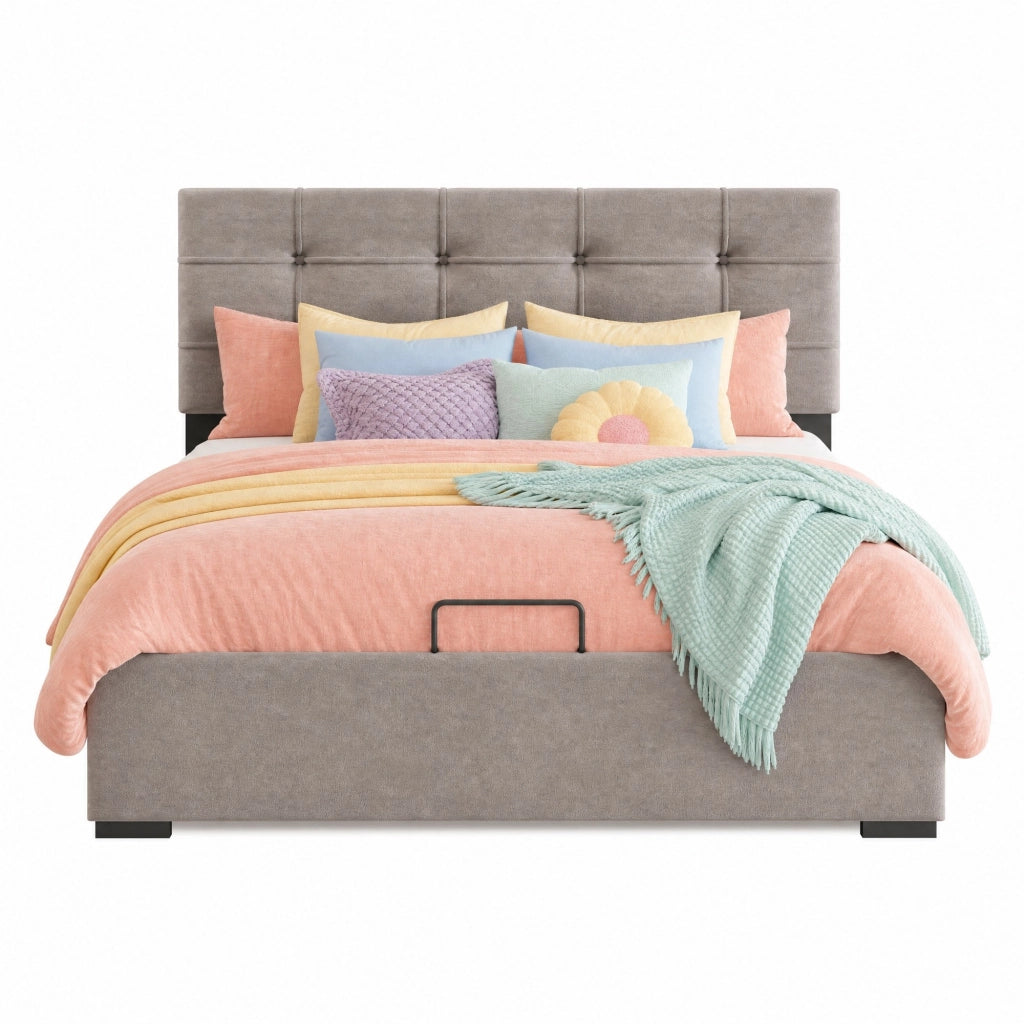 Letto singolo imbottito 90x200 cm in velluto con testiera regolabile e contenitore, grigio chiaro