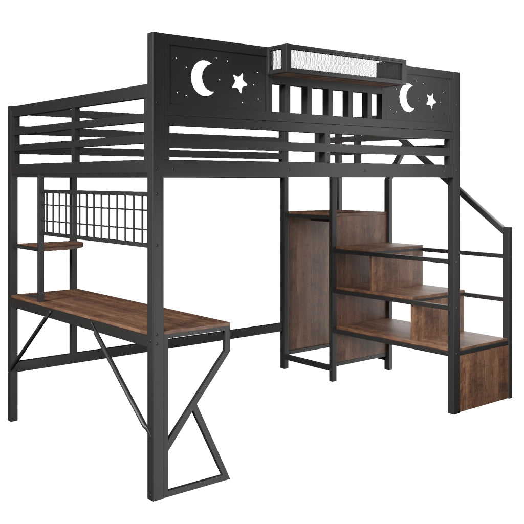 Letto a soppalco 140x200 con scrivania in metallo e MDF; nero; per cameretta