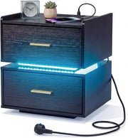 Comodino con stazione di ricarica, comodino con illuminazione a LED e telecomando, 2 cassetti, per soggiorno, camera da letto, ufficio, 45 x 40 x 48 cm (nero)
