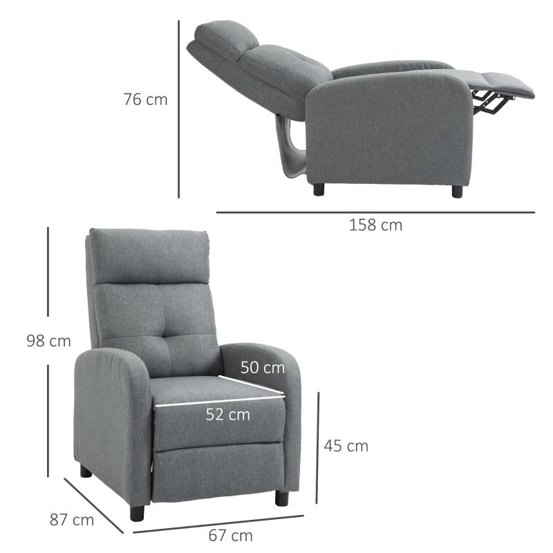 POLTRONA RECLINABILE 155¦ MAX IN TESSUTO EFFETTO LINO GRIGIO CON POGGIAPIEDI, 67X87X98 CM