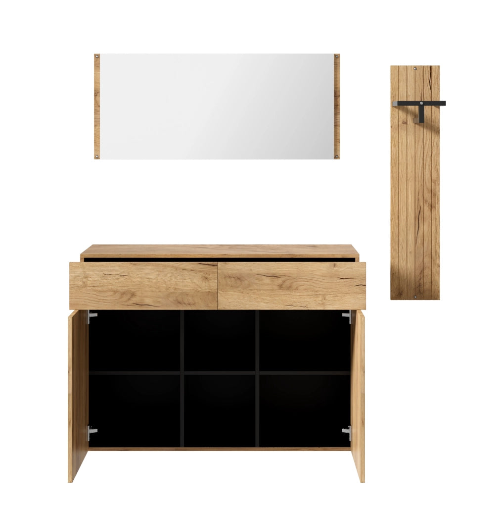 Set ingresso con specchio, appendiabiti e scarpiera in legno e nero 125x35x178 cm