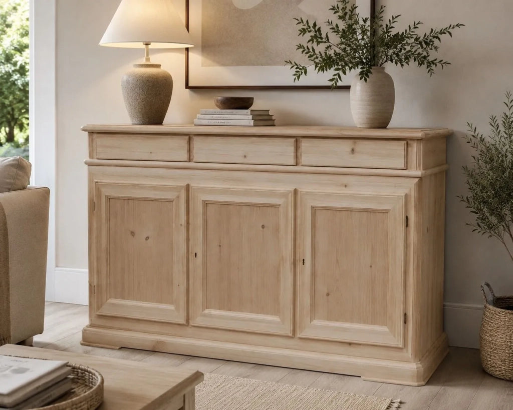 Credenza 3 porte 3 cassetti legno grezzo 180x48x100 (3074) - Mobili 2G