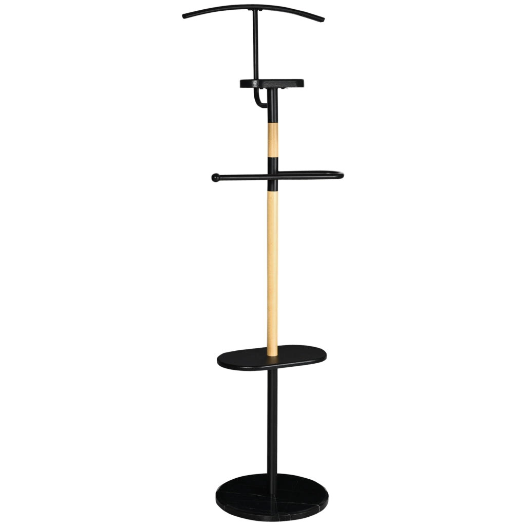 Easycomfort Appendiabiti da Terra in Legno e Acciaio con Mensole e Gruccia per Abiti, 46x35x152cm, Nero