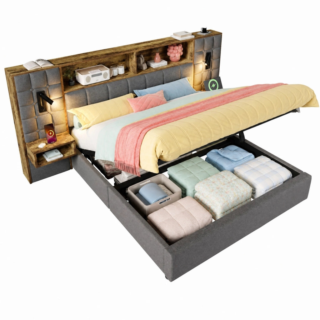 Letto imbottito con contenitore 180x200, LED, lampade da lettura, comodini integrati e porte USB/Type-C