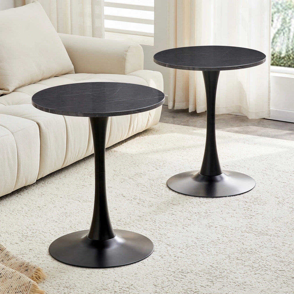 Tavolo da pranzo rotondo con base centrale in MDF effetto marmo nero e piedini antiscivolo diametro 60 cm