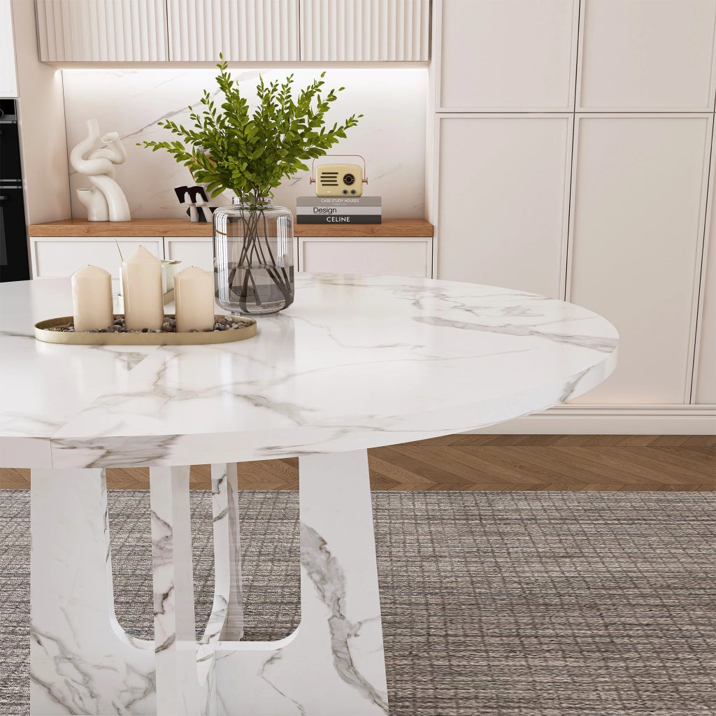 Tavolo da pranzo rotondo stabile in MDF con effetto marmo bianco per 4-6 persone per cucina e soggiorno Ø 120 × 76 cm