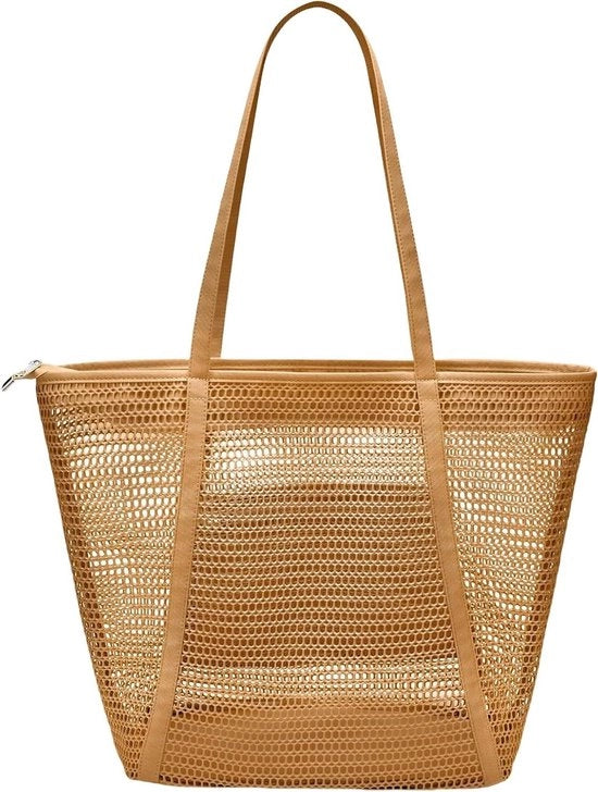 Tas a rete grande - con chiusura a rullo e tasca interna - borsa da spesa pieghevole per donne - ideale per spiaggia, famiglia e viaggi