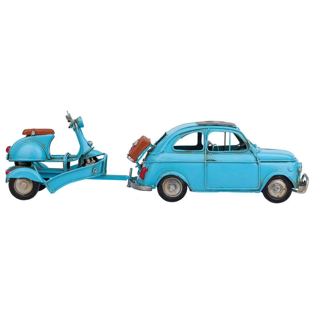 Carro traino con moto in metallo blu 34x10x10,5h