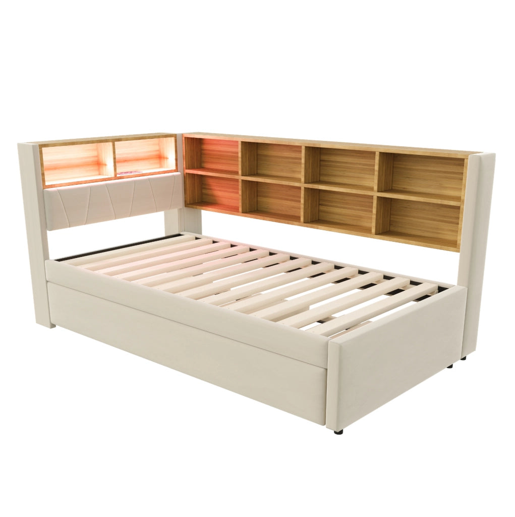 Divano letto 90x200 cm con letto estraibile; LED e contenitori in flanella beige