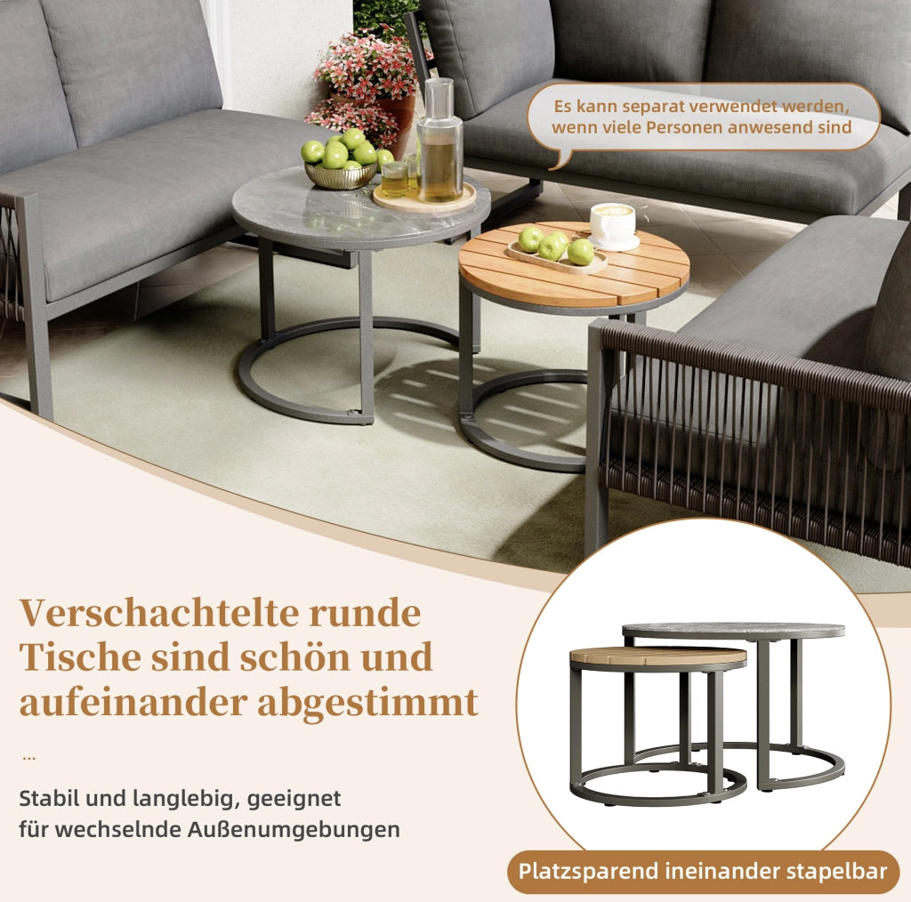 Set lounge da giardino grigio con divani; 2 tavolini e cuscini; metallo e poliestere