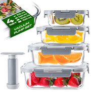 Contenitori sottovuoto in vetro KADAX per alimenti, adatti a frigorifero e microonde, con pompa, confezione da 4 pezzi.