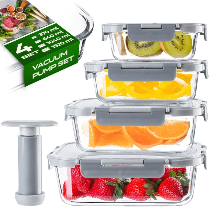 Contenitori sottovuoto in vetro KADAX per alimenti, adatti a frigorifero e microonde, con pompa, confezione da 4 pezzi.