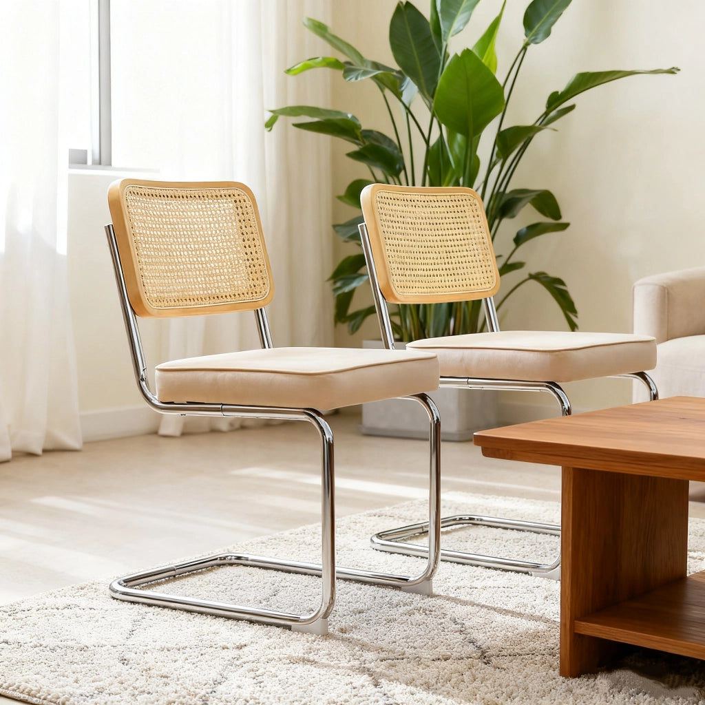 Sedia da pranzo set da 2 - Sedia in velluto e rattan con gambe cromate – Design Mid-Century Modern ispirato a Breuer – Sedia imbottita ideale per soggiorno, cucina e altri ambienti