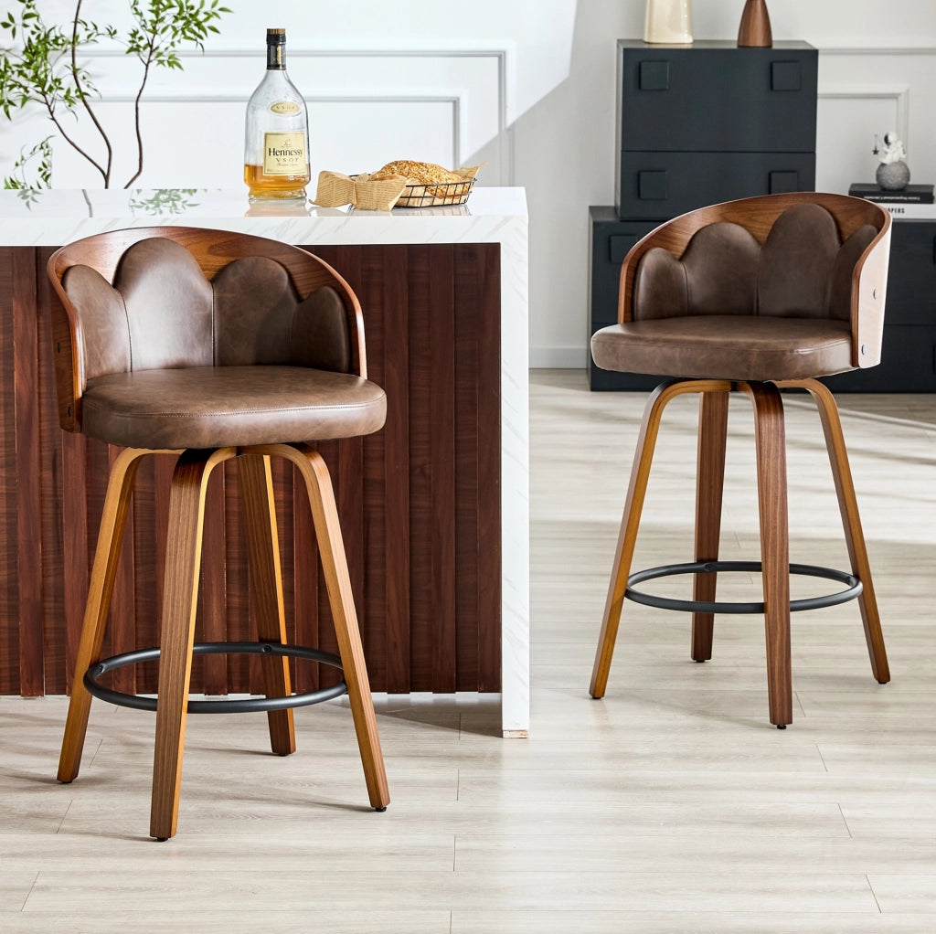 Set di 2 sgabelli da bar 89 cm in legno e PU marrone, schienale floreale