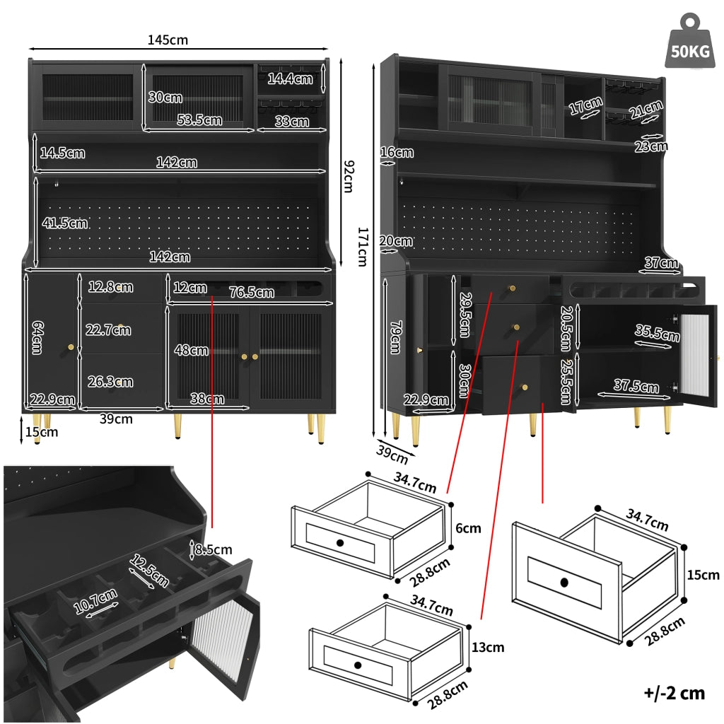 OKWISH Credenza alta da cucina con 1 cassetto, ripiani regolabili, LED USB e portabottiglie, per cucina, MDF e vetro, nero