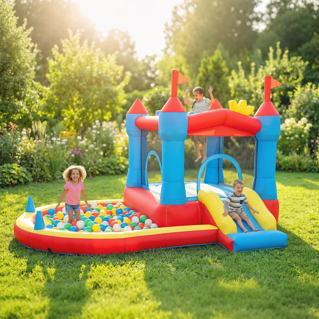 Castello gonflabile per bambini con soffiatore, scivolo e trampolino, multicolore, robusto per giardino